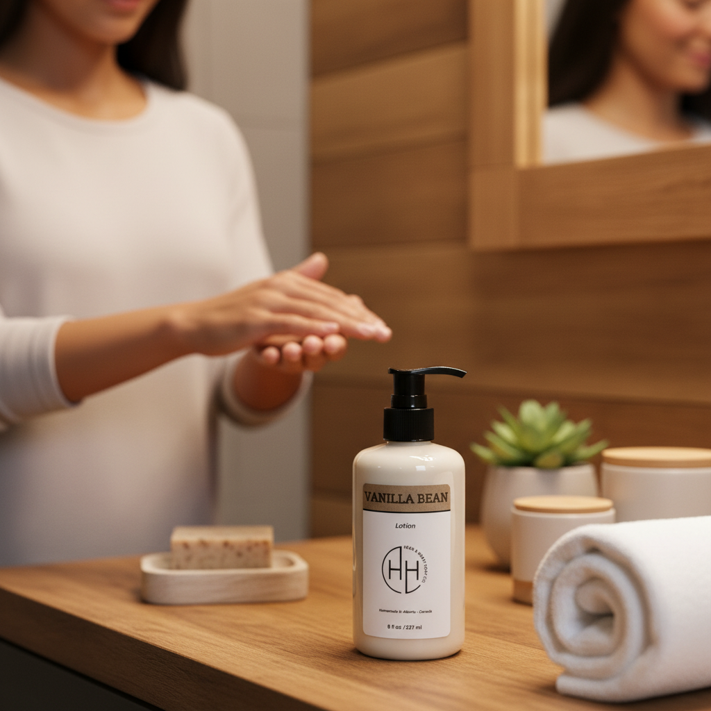 Vanilla Bean lotion bottle on bathroom counter with rolled towel and person applying lotion
