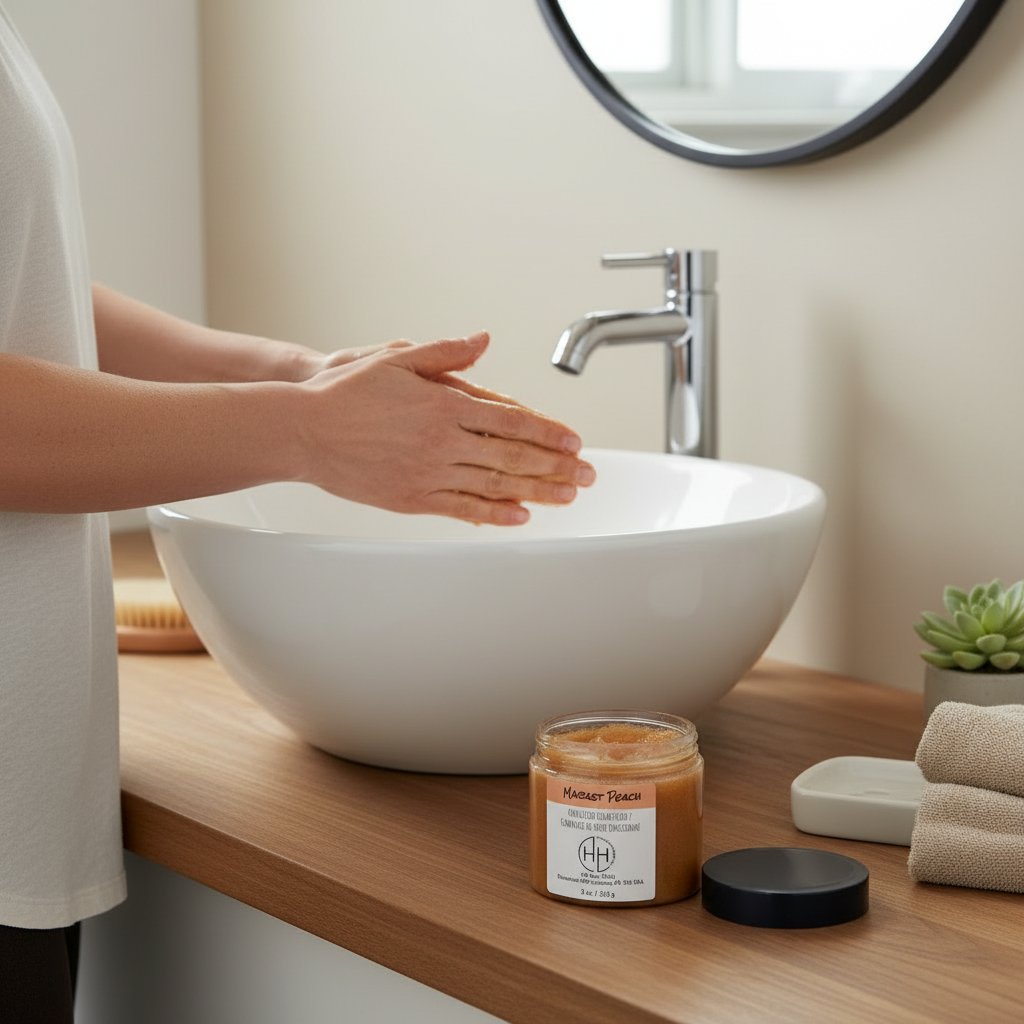 Market Peach Sugar Scrub hand exfoliation over sink