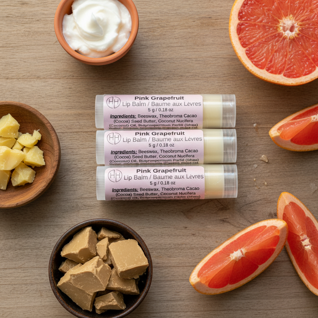 Three Pink Grapefruit lip balms - horizontal orientation
