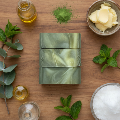 Breathe handmade soap bars top view with green swirl design and botanicals