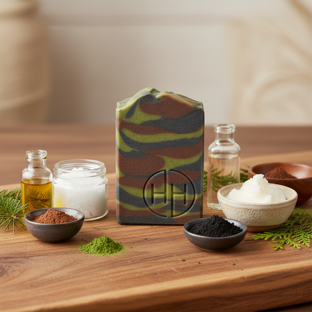 Cabin in the Woods handmade soap bar with green, brown, and charcoal swirl displayed with natural ingredients