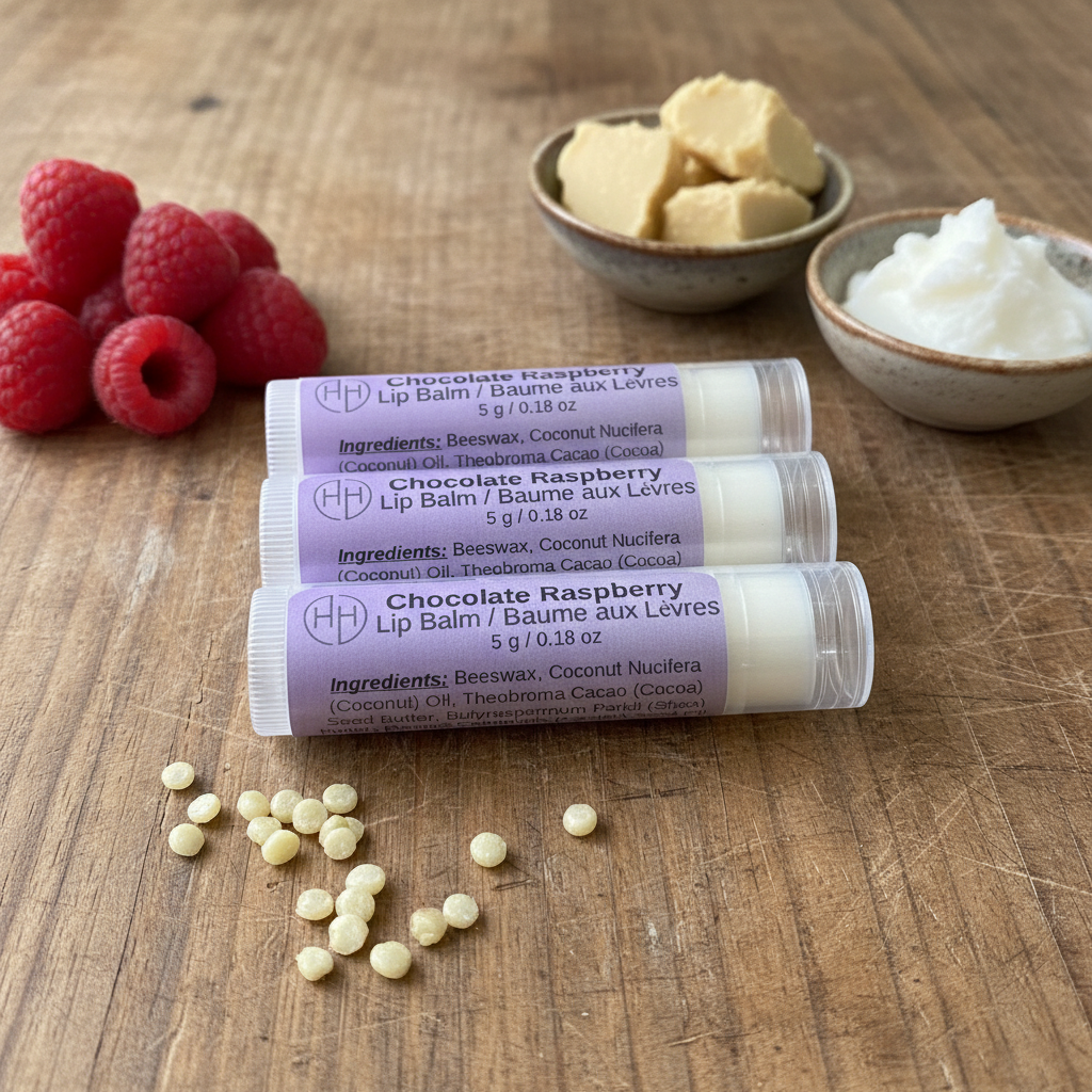Chocolate Raspberry lip balm tubes displayed with fresh raspberries and natural ingredients on wooden surface