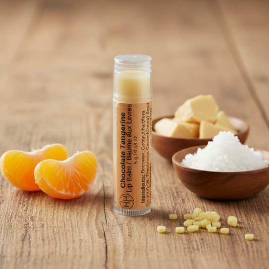 Chocolate Tangerine lip balm tube with citrus slices and natural ingredients on wooden surface