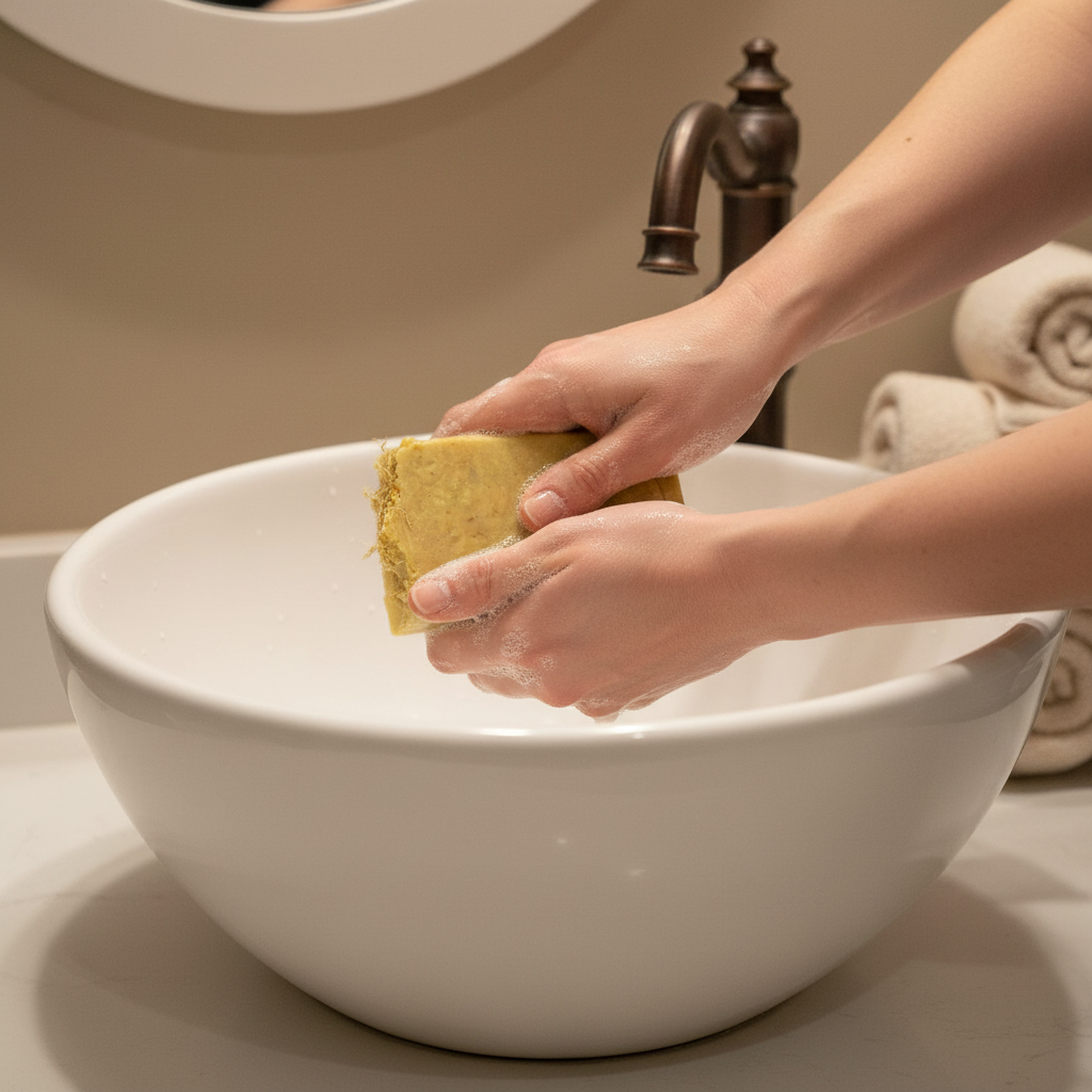 Citrus Bloom handmade soap bar being used at sink