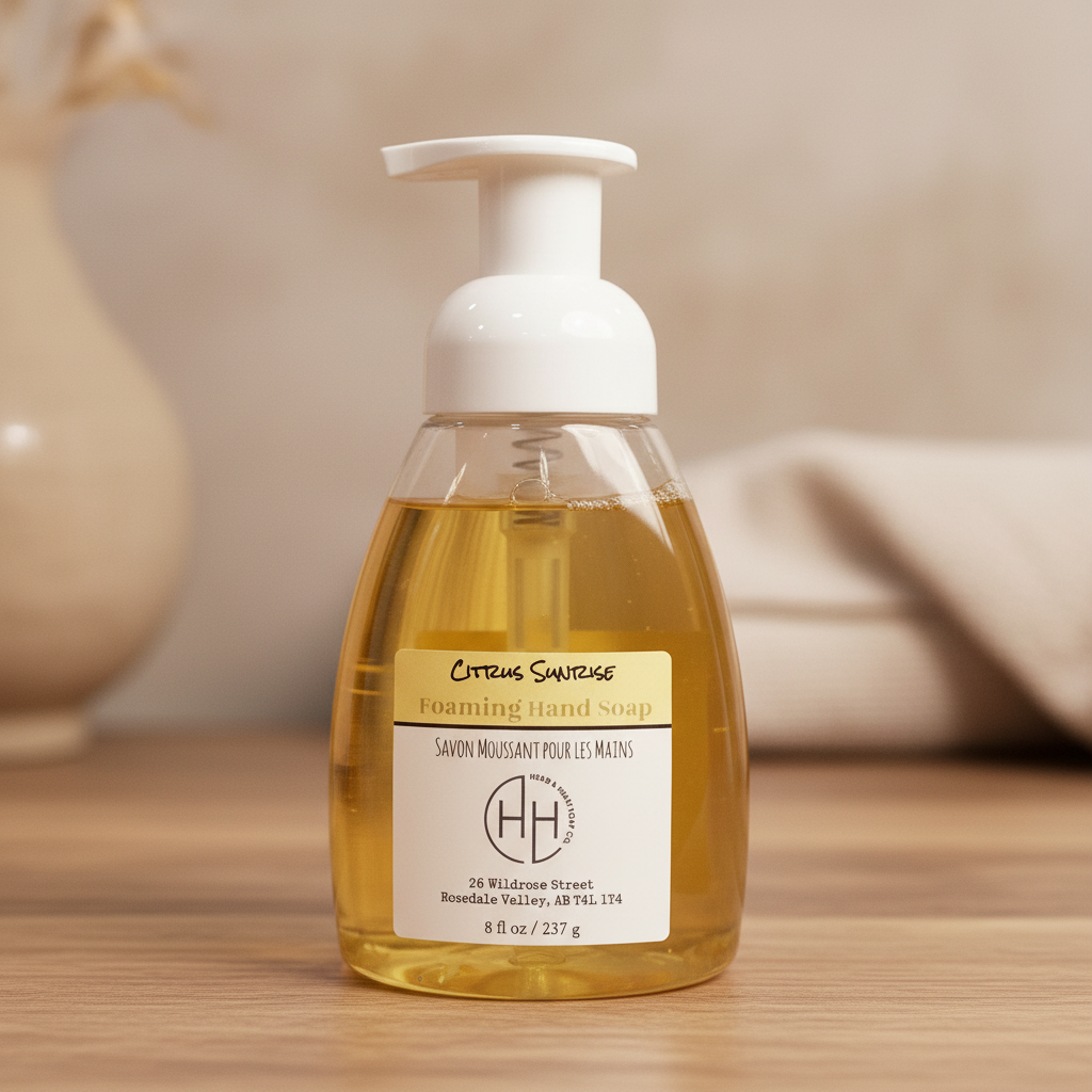 Citrus Sunrise 8 oz foaming hand soap in clear pump bottle on wooden surface
