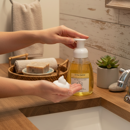 Citrus Sunrise foaming hand soap being dispensed into hands at bathroom sink