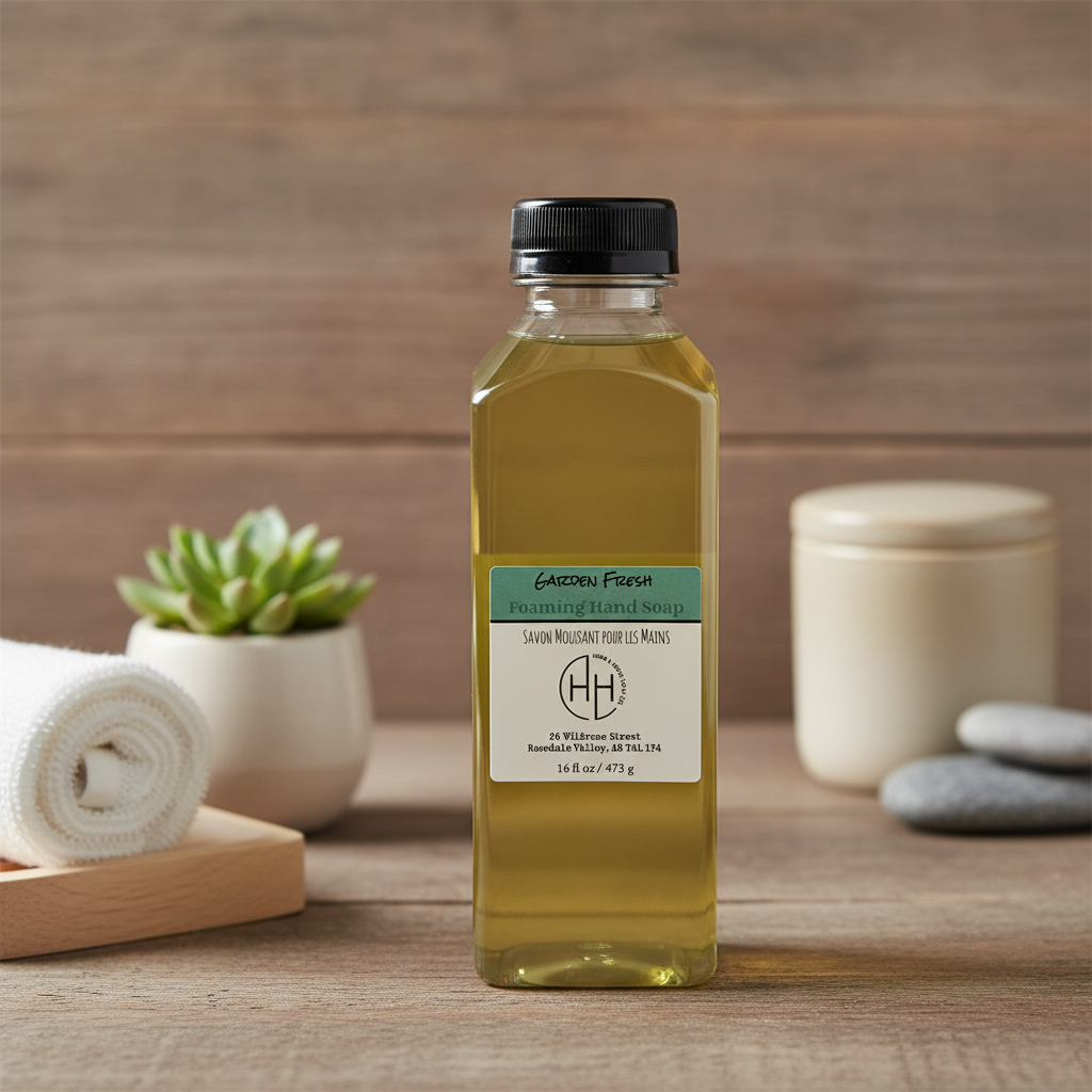 Garden Fresh foaming hand soap in clear bottle with black cap displayed on wooden surface with rolled towel and small succulent