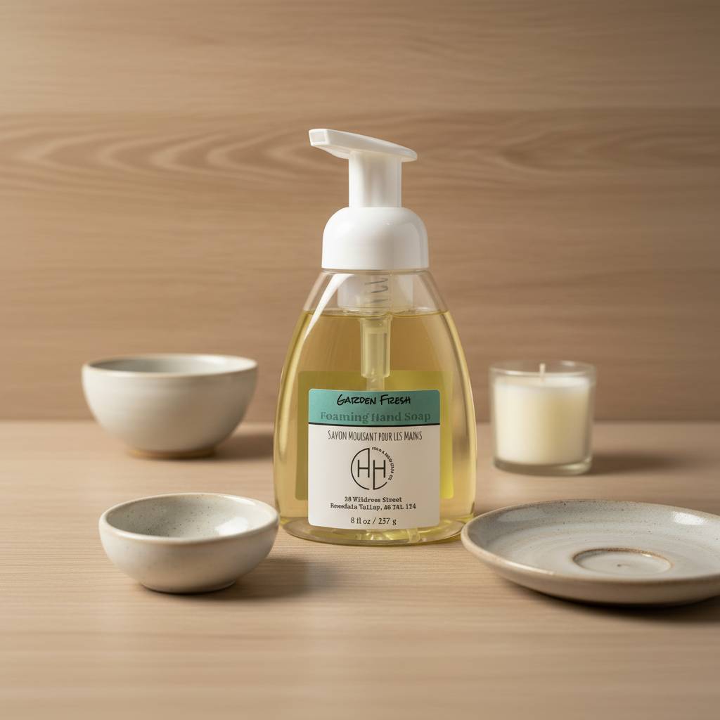 Garden Fresh 8oz foaming hand soap bottle with pump dispenser on wooden surface
