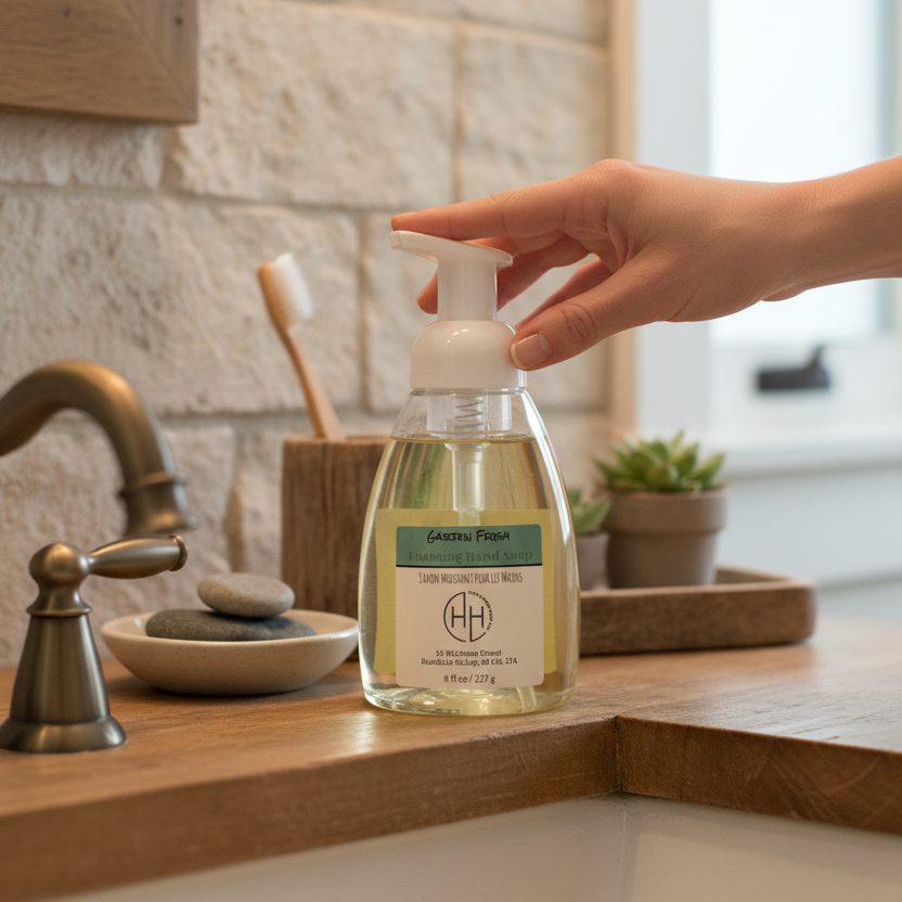 Garden Fresh foaming hand soap being dispensed at bathroom sink
