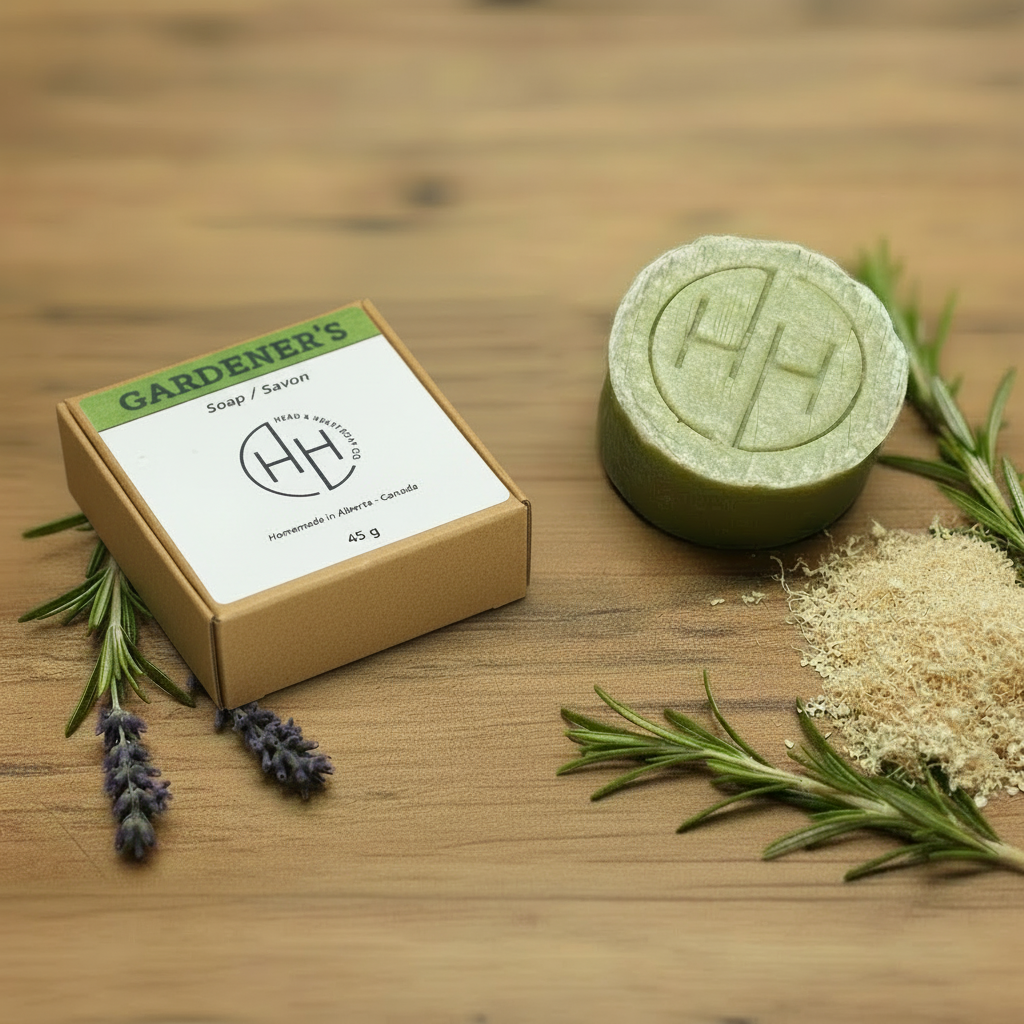 Gardener’s exfoliating hand soap bar with packaging on wooden surface