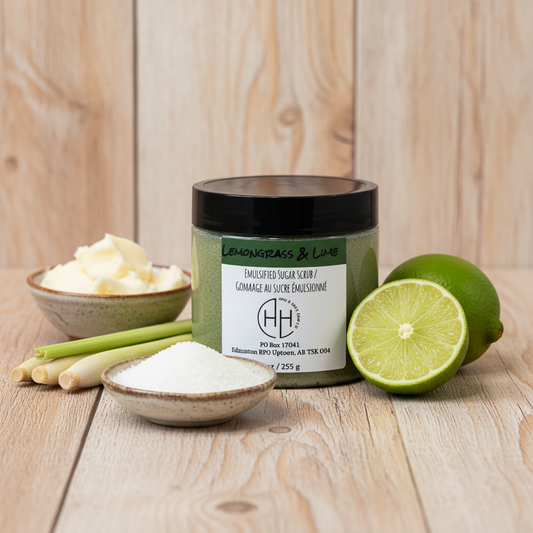 Lemongrass & Lime emulsified sugar scrub jar with fresh citrus and botanicals