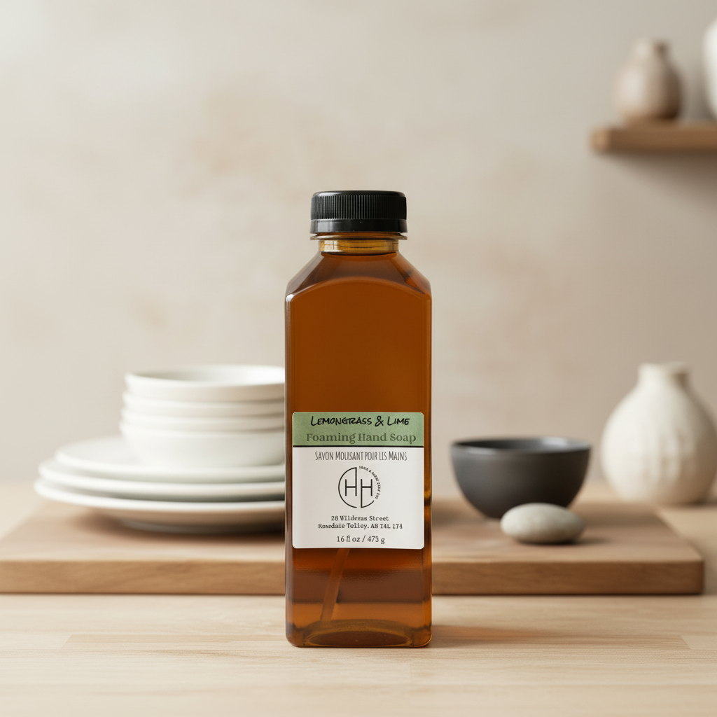 Lemongrass & Lime foaming hand soap 16 oz refill bottle with black cap on wooden surface