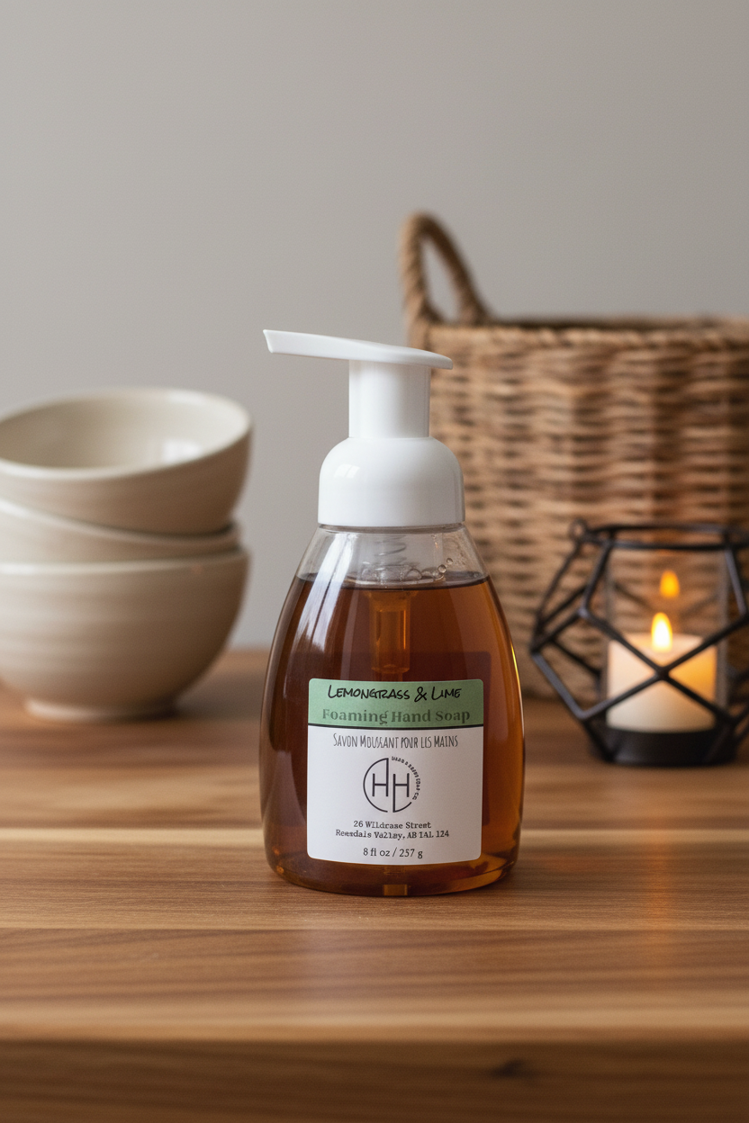 Lemongrass & Lime foaming hand soap 8 oz in clear pump bottle on wooden surface