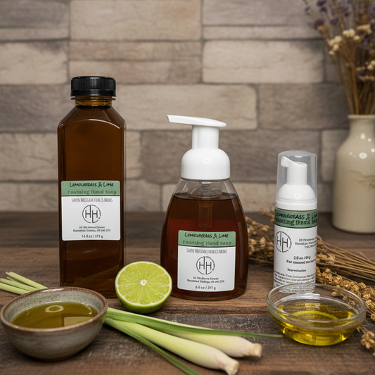 Lemongrass & Lime foaming hand soap collection including refill bottle, pump bottle, and travel size with fresh lime and lemongrass