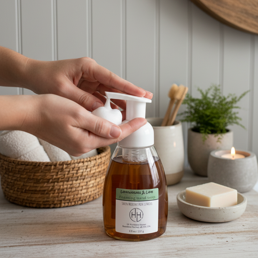 Lemongrass & Lime foaming hand soap being dispensed into hands at bathroom sink