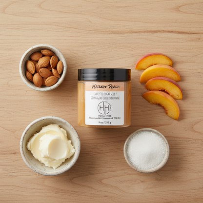 Market Peach emulsified sugar scrub jar with fresh peach and natural ingredients