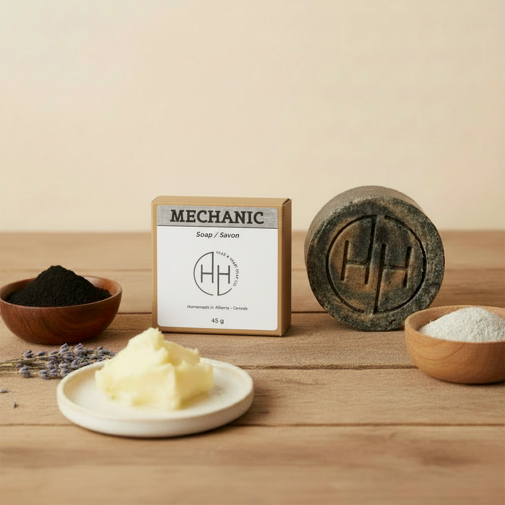 Mechanic exfoliating hand soap bar with packaging on wooden surface