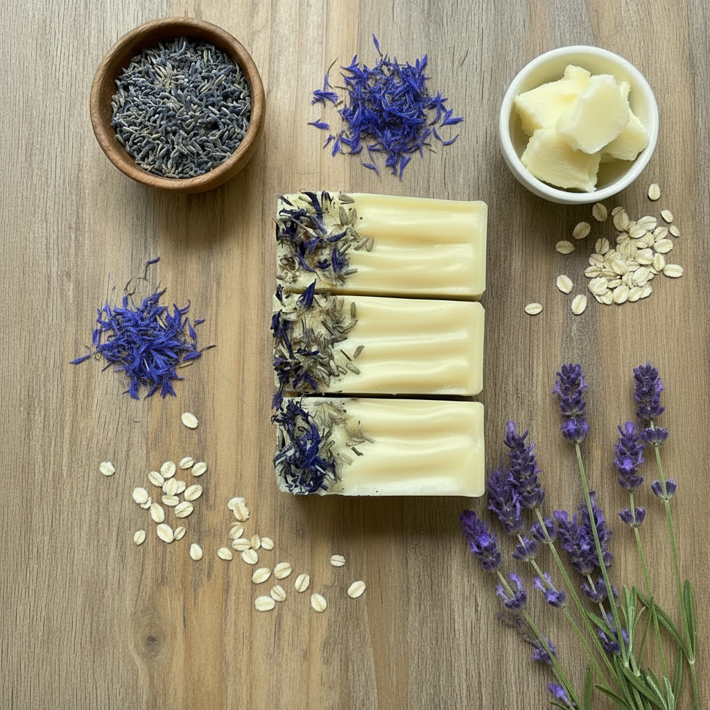 Tranquility handmade soap bars top view with lavender and oats