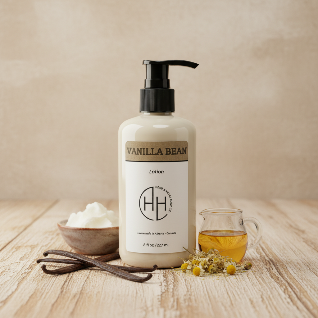 Vanilla Bean lotion bottle with vanilla pods, chamomile flowers, and oil on wooden surface