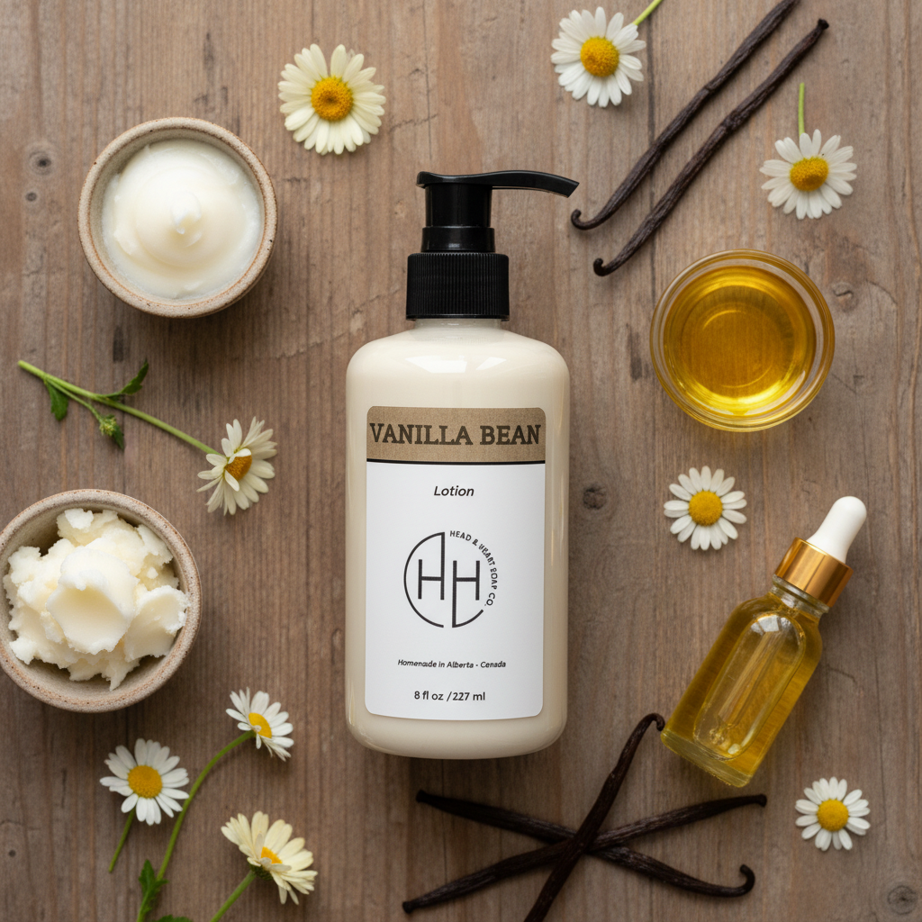 Vanilla Bean lotion bottle surrounded by vanilla pods, oil, and small white flowers on wooden surface