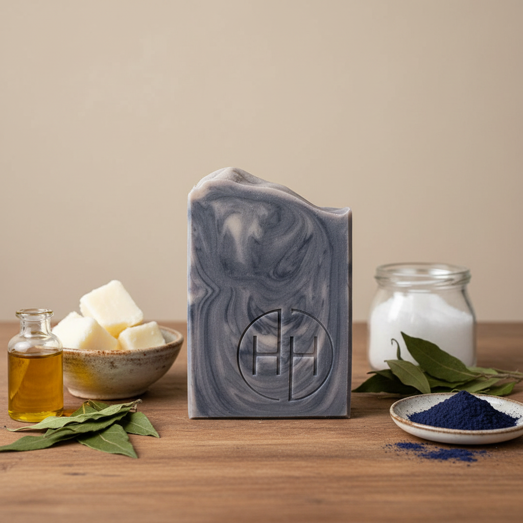 Wild Child handmade soap bar with blue grey swirl design