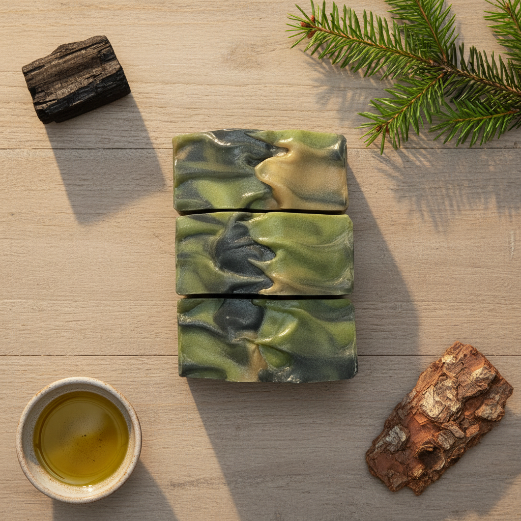Green and charcoal marbled soap enhanced composition