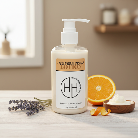 Lavender & Orange Lotion angled view with rustic background