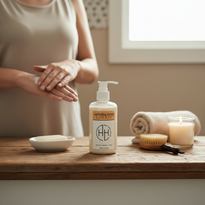 Lavender & Orange Lotion - Square Format In-Use Scene