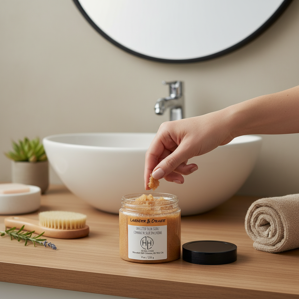 Lavender & Orange Sugar Scrub in-use at sink