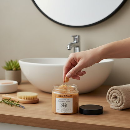 Lavender & Orange Sugar Scrub in-use at sink