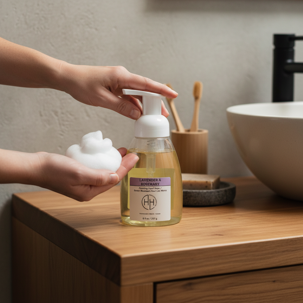 Lavender & Rosemary Foaming Hand Soap – In Use on Counter