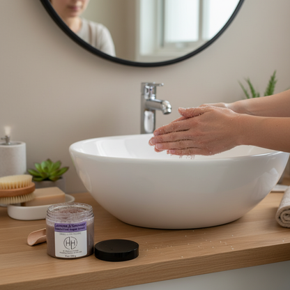 Lavender & Rosemary Sugar Scrub hand exfoliation over sink