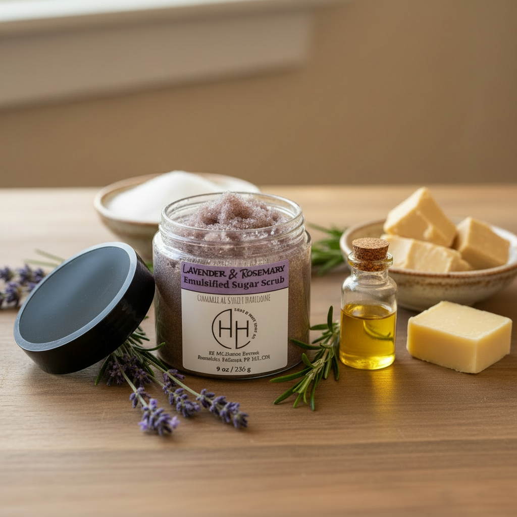 Lavender & Rosemary Sugar Scrub open - no almonds
