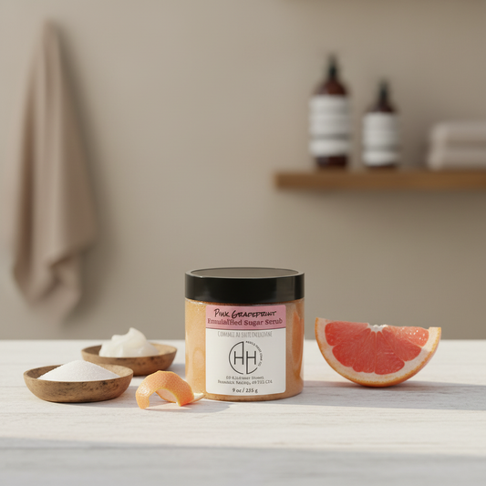 Pink Grapefruit Sugar Scrub single jar with rustic background