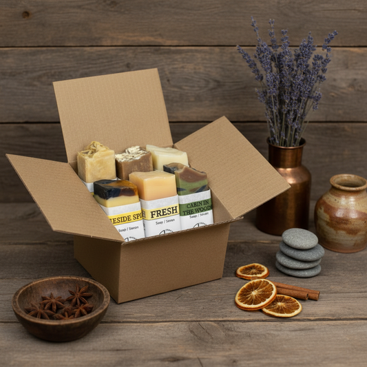 Handcrafted soap bars packaged in kraft box with dried citrus and lavender on rustic wooden surface