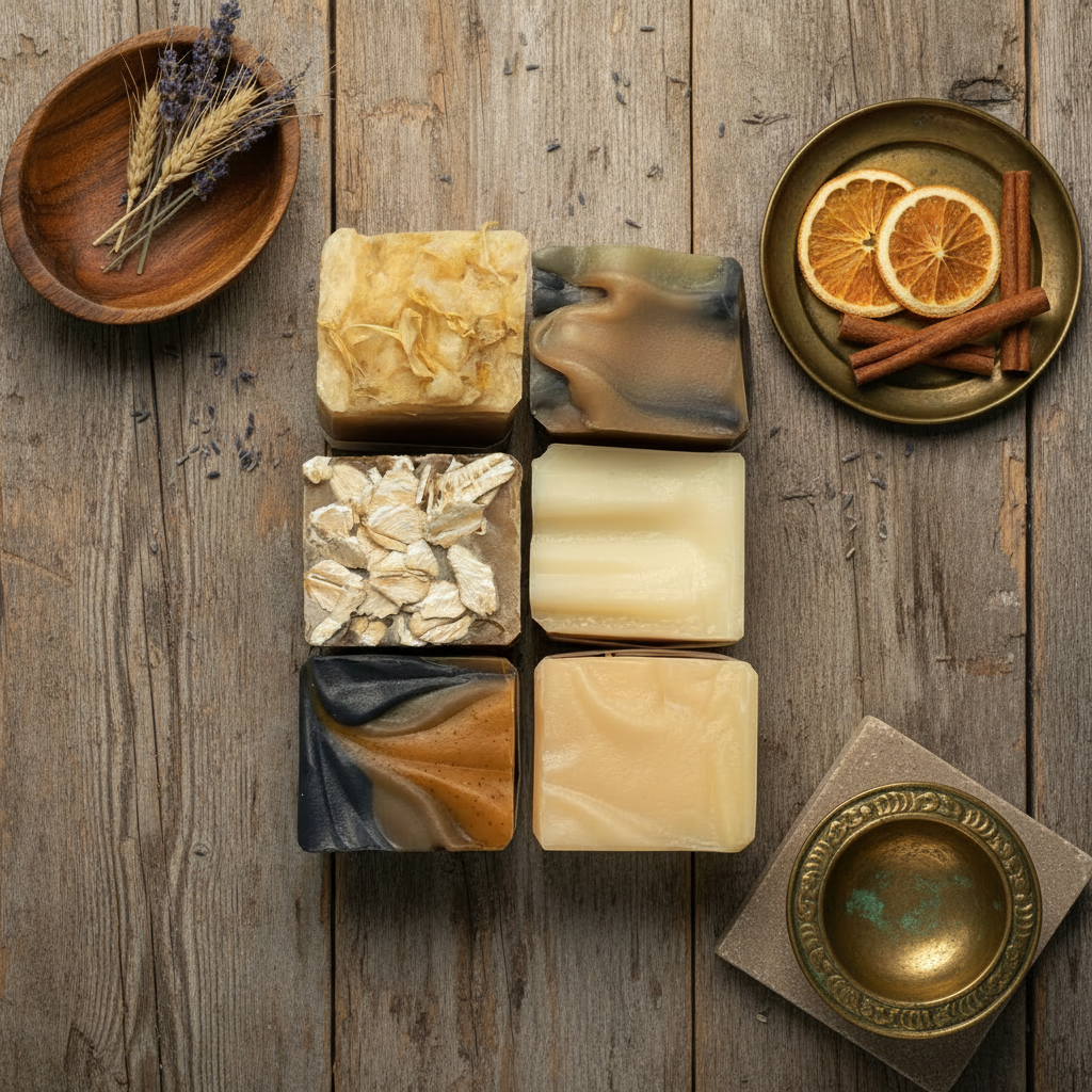 Assorted handcrafted soap bars arranged on rustic wooden surface with dried botanicals and citrus slices