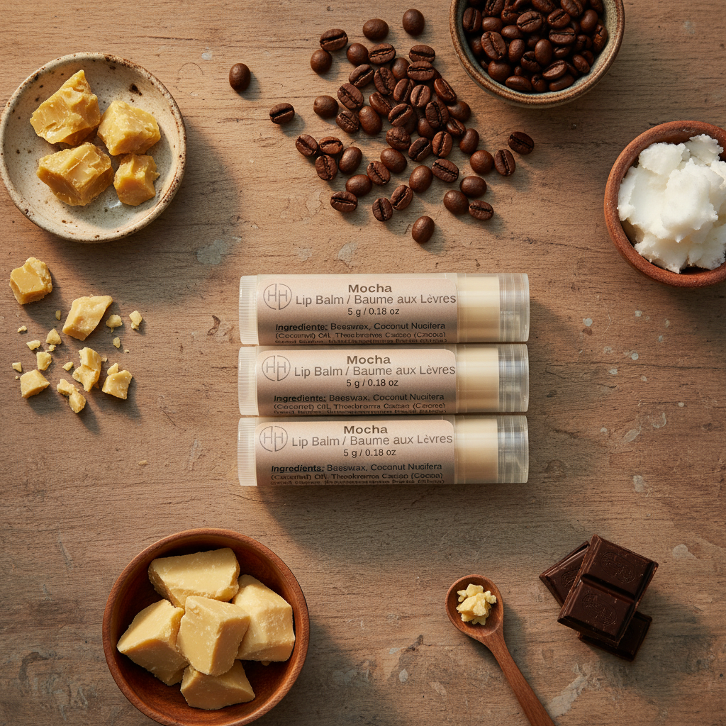 Three Mocha lip balms with warm rustic background
