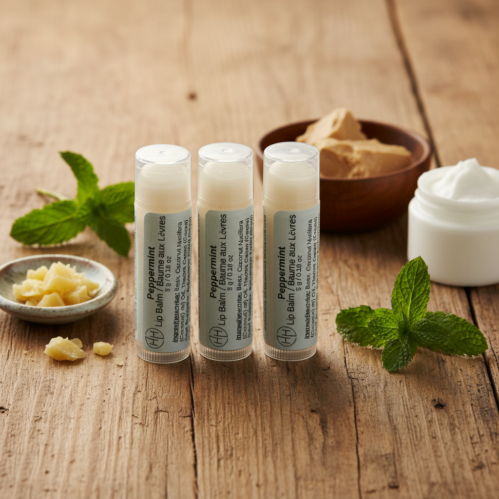 Three Peppermint lip balms - readable labels