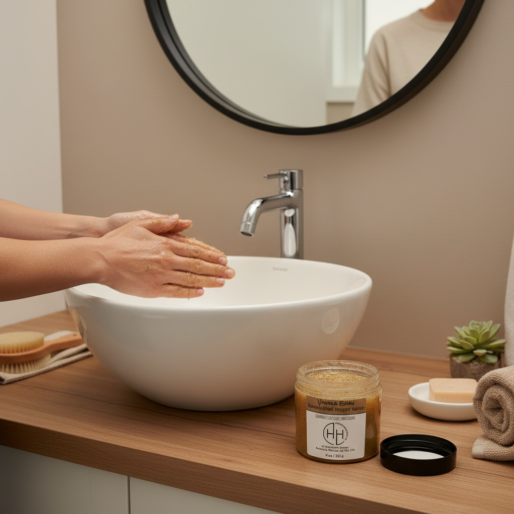Vanilla Bean Sugar Scrub hand exfoliation over sink